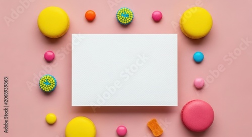 Pastel macarons and candies with blank card mockup on pink background