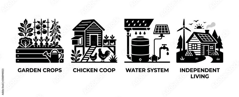 Obraz premium Off-grid homesteading and self-sufficient lifestyle black glyph icons set representing sustainable independent living