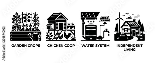 Tableau sur toile Off-grid homesteading and self-sufficient lifestyle black glyph icons set repres
