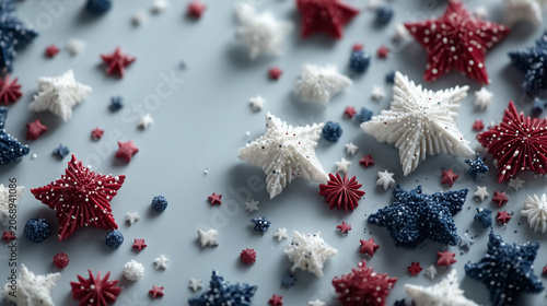 minimal 4th of July concept, elegant patriotic shapes, subtle fireworks, stars and stripes, modern clean composition