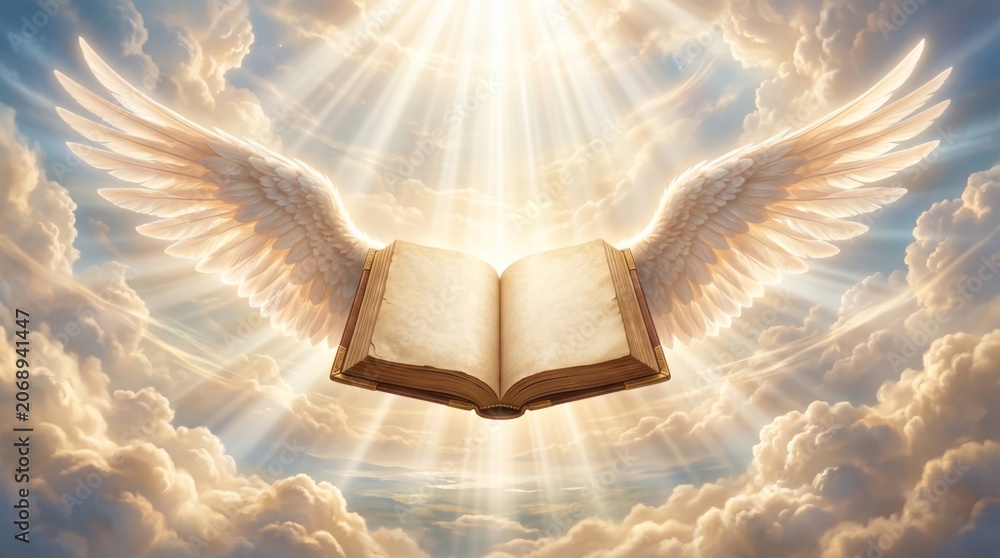 Obraz premium Open book with angel wings floating in golden heavenly clouds. Spiritual publication illuminated by divine rays of light. Religious concept of enlightenment, wisdom and holy gospel.