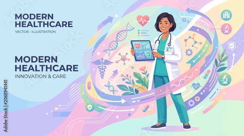 Medical professional with digital tablet and healthcare elements illustration