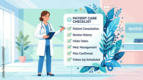 Medical professional with patient checklist in modern clinic illustration