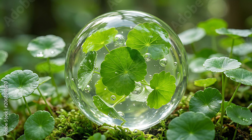 A clear glass orb containing green leaves and air bubbles sits among vibrant green pennywort plants on moss