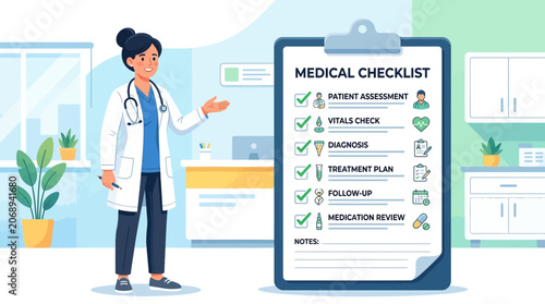 Medical professional pointing at checklist in clinic illustration