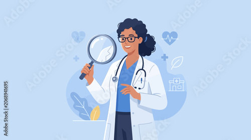 Medical professional examining healthcare concepts with magnifying glass