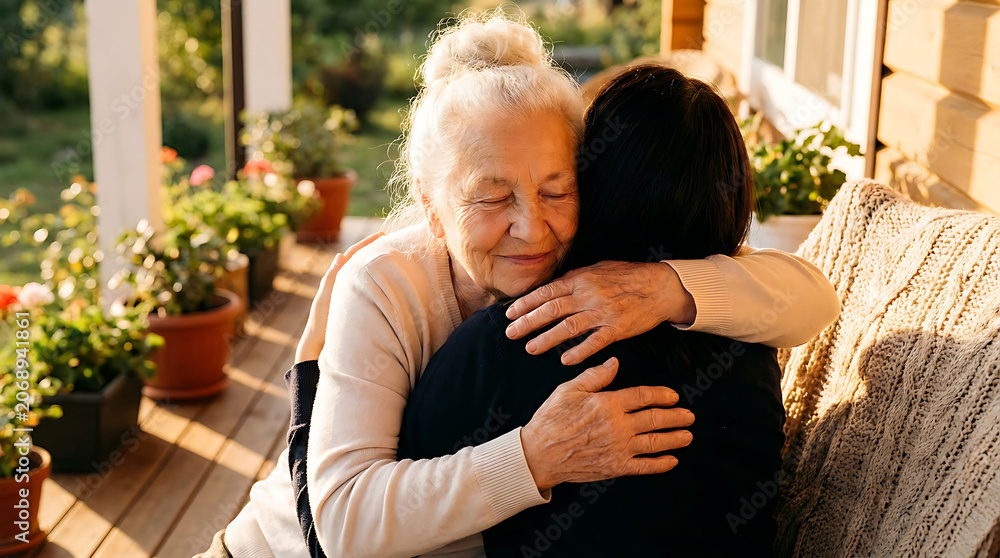 Fototapeta premium An elderly woman with warmly hugs her daughter on a sunny wooden porch at home. Both sharing a tender moment of affection and kinship 