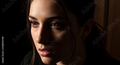 Thoughtful young woman portrait with dramatic lighting and shadow contrast