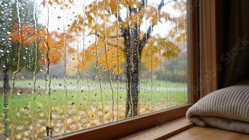 Raindrops on window with autumn foliage view from cozy interior