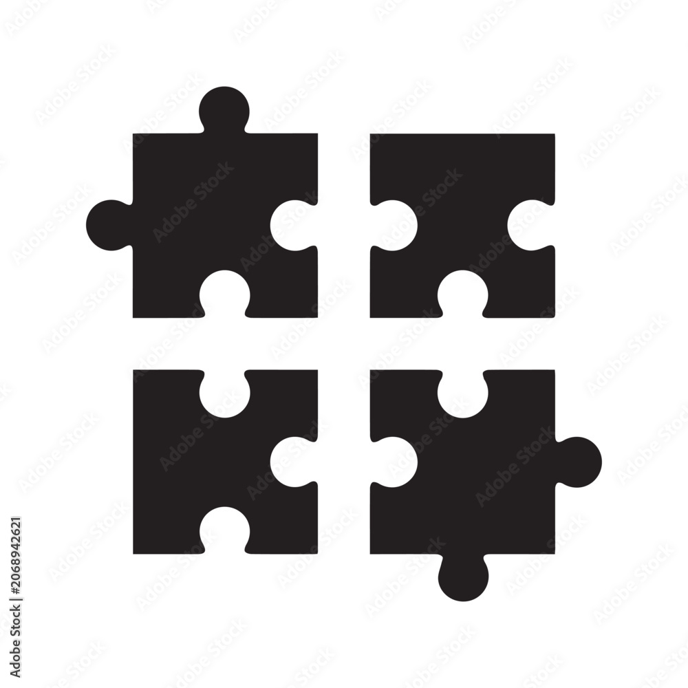 Fototapeta premium Four black jigsaw puzzle pieces silhouette. Vector icon isolated on white background representing teamwork, problem solving, and business strategy. 