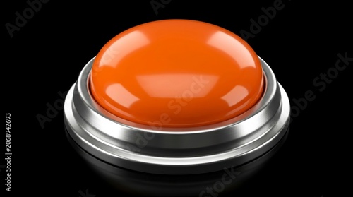 Glossy orange panic button encased in a silver metallic rim on a black background in sharp macro photography for call to action marketing campaigns