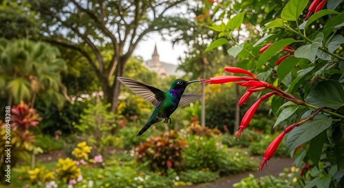 Tiny hummingbird feeding on nectar from a vibrant red flower in lush garden