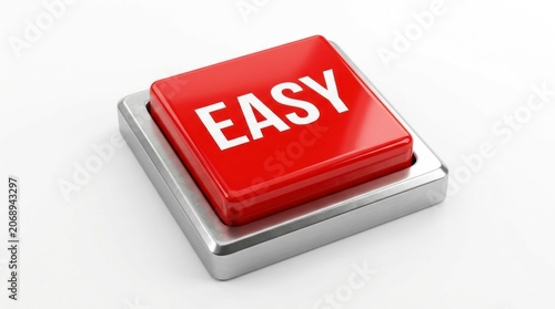 Red easy button resting on brushed metal base over white background in sharp macro photography for business solution marketing