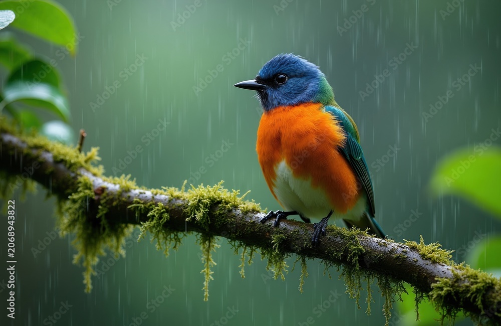 Obraz premium Small colorful bird rests on mossy tree branch during rain shower. Bird has blue head orange chest white belly and green wings. Soft green background blurs with falling rain.