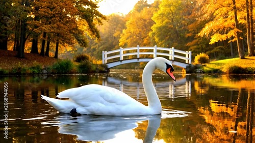 White swan swimming on pond near arched bridge.