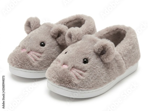 Plush mouse slipper pair resting in studio isolation on white background with sharp focus for children footwear retail marketing