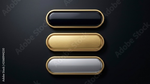 Oblong metallic plaques stacked on dark studio background with gold borders and sharp focus for premium website interface design