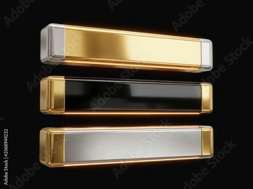 Metallic header bars arranged vertically on a dark surface in sharp macro photography for mobile gaming interface design
