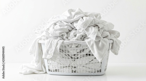 White laundry basket overflowing with clean linens in minimalist studio lighting for household cleaning and domestic services marketing