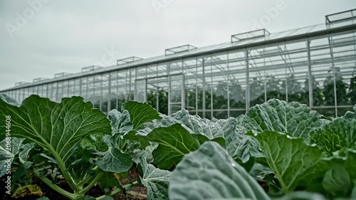 Young green plants growing inside large glass greenhouse.