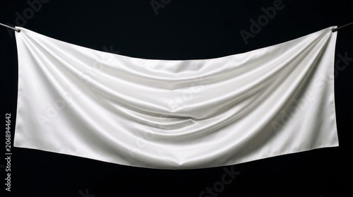 White textile banner suspended in deep folds on black background with sharp focus for luxury event branding and gala marketing