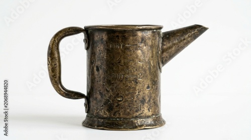 Vintage brass oil can with weathered patina on white background in sharp macro focus for industrial history marketing