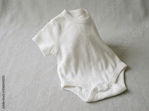 White cotton baby bodysuit resting on textured neutral surface in soft natural studio lighting for infant apparel marketing
