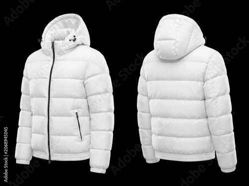 White puffer jacket shown from front and back views on a black background in sharp studio photography for winter apparel e-commerce marketing