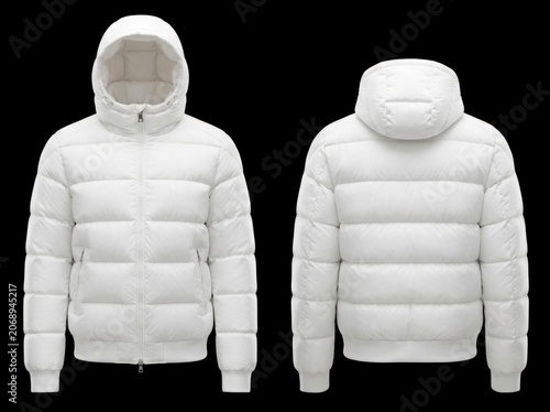 White hooded down coat presented in dual views on black background in professional studio photography for winter apparel retail marketing