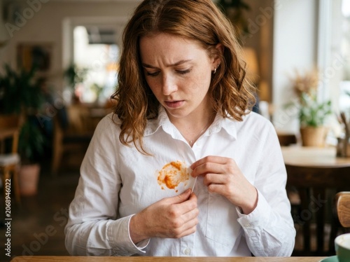 Food stain on white shirt worn by frustrated woman in a cafe with shallow depth of field and professional lighting for laundry detergent advertising