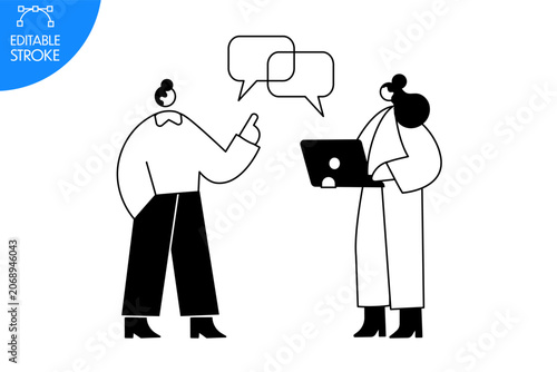 Business people discussing project with laptop and speech bubbles, minimalist black and white outline vector for SaaS communication and teamwork.