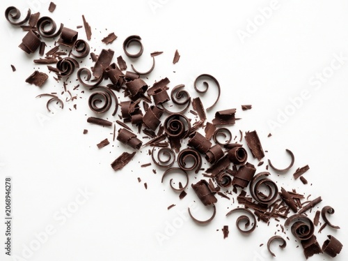 Dark chocolate shavings scattered diagonally on white background with sharp macro focus for culinary and bakery marketing