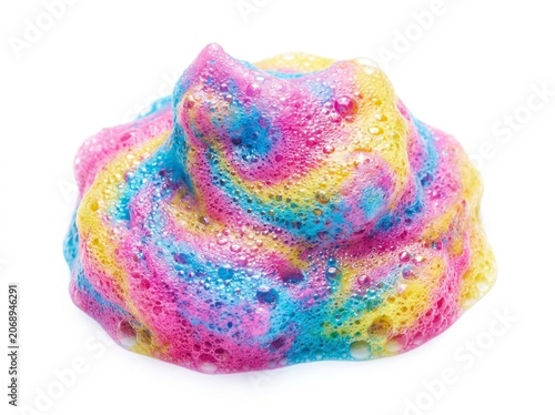 Multicolored soap lather swirling on white backdrop with sharp macro focus and vibrant lighting for skincare marketing
