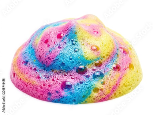 Rainbow soap foam mound with vibrant swirls on white background in sharp macro focus for cosmetic branding
