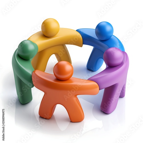 Colorful figures form a tight circle, hands joined. They stand together, unified, symbolizing teamwork and harmony. Bright, smooth surfaces reflect soft light and depth