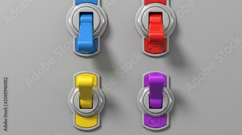 Colorful toggle switches mounted on a gray industrial panel in sharp macro focus for technology and automation marketing