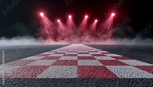 Red lights shine down a foggy checkered finish line. Dark asphalt leads to a bold racing conclusion. Dramatic beams cut through misty air. Tension builds as the race reaches its peak