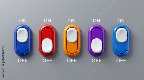 Vibrant toggle buttons mounted on a matte gray industrial control panel with sharp studio focus for automation and user interface design