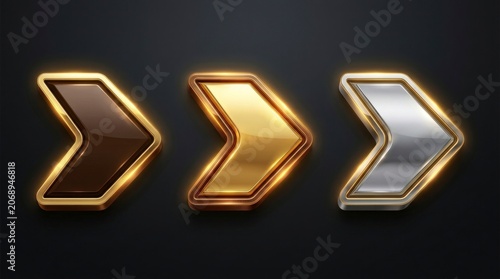 Metallic chevron icons glowing with backlit edges on a dark matte surface in macro photography for gaming user interface development