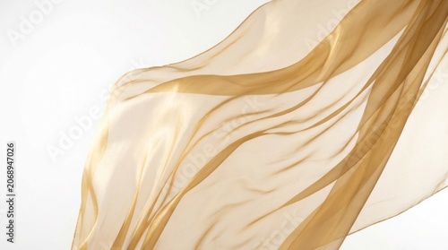 Champagne chiffon fabric floating in bright studio air with soft translucent layers for beauty and luxury skincare brand marketing