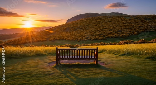 Tranquil park bench overlooking rolling hills at sunset with golden light
