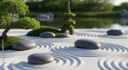 Tranquil zen garden landscape with raked sand and smooth stones