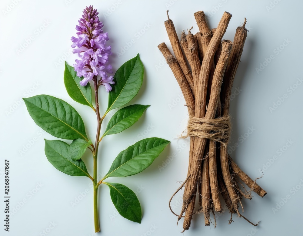 Fototapeta premium Licorice root plant with purple flowers green leaves and dried roots tied with twine. Isolated on white background for botanical study. Natural ingredient preparation for medicine.