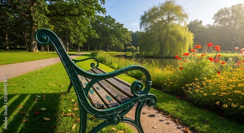 Tranquil park bench amidst lush greenery and sunlight