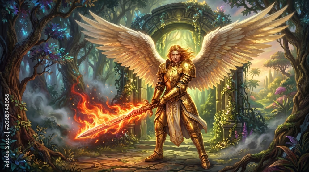Naklejka premium Male angel in golden armor holding a flaming sword. Warrior with wings standing in a fantasy forest by a stone archway. Mythological hero, divine protector, epic battle concept.