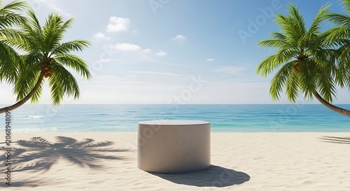 Tropical beach display platform with palm trees and ocean view