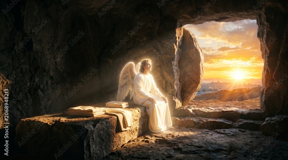 Obraz premium Angel sitting in the open tomb at sunrise. Biblical scene of the resurrection of Jesus Christ. Religious concept of hope, faith and miracle. Easter holiday traditional illustration.
