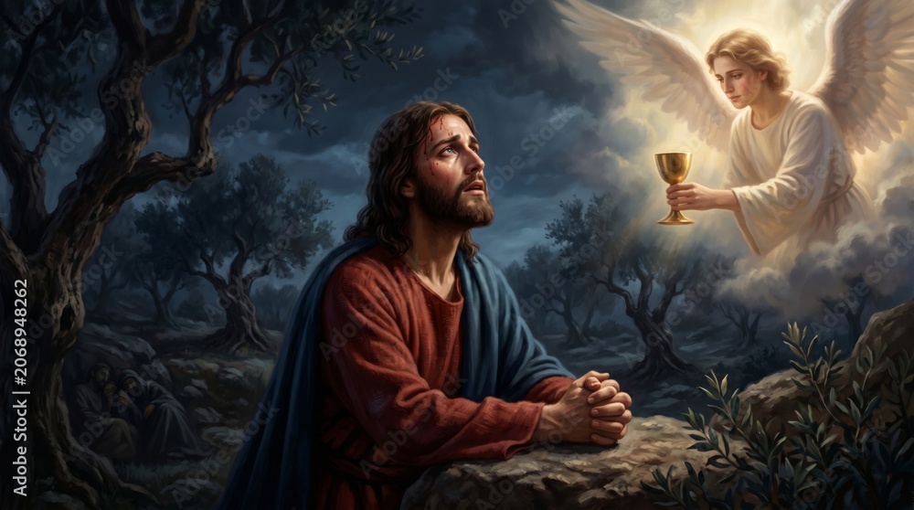 Fototapeta premium Jesus praying in Gethsemane garden with angel offering chalice. Biblical scene depicting spiritual devotion and sacrifice. Religious art for Easter and Christian worship celebration.