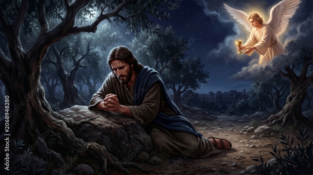 Naklejka premium Jesus man praying in the Garden of Gethsemane at night. Angel appearing with chalice to comfort him. Biblical scene of spiritual devotion, sacrifice and faith for Easter holiday concept.