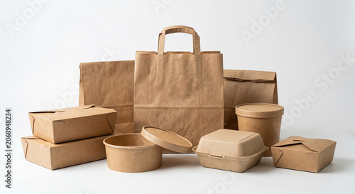 Coleção de embalagens de papelão e papel kraft. Fotografia em estúdio com fundo branco infinito. Conceito de e-commerce.